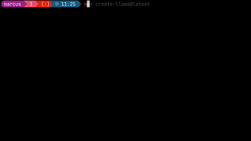 create-llama CLIで対話式にLlamaIndexプロジェクトを生成する様子